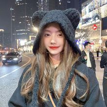新款秋冬可爱小熊保暖女孩显脸小护耳毛线日韩系百搭针织冬帽女士