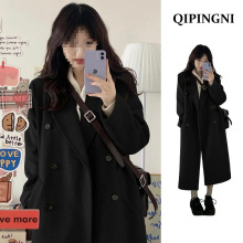 赫本风黑色毛呢外套女冬小个子韩版宽松高级感加厚中长款过膝大衣
