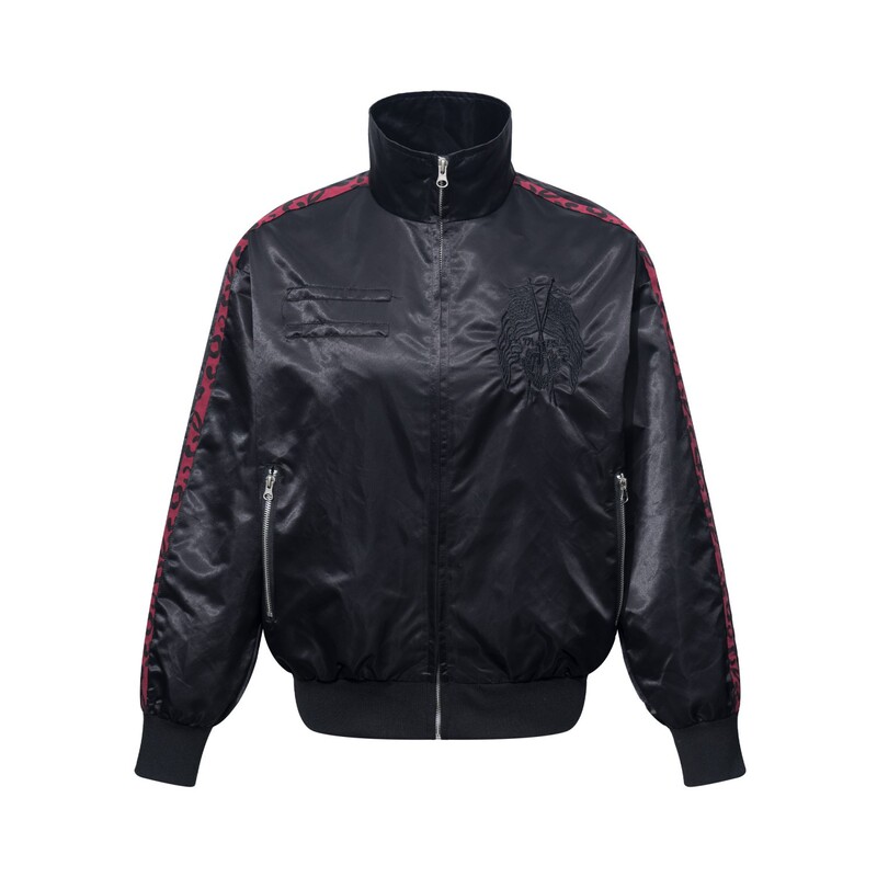 American retro satin embroidered webbing color-block stand-up collar flight jacket, unisex versatile spring and autumn motorcycle jacket American retro satin embroidered webbing color-block stand-up collar flight jacket, unisex versatile spring and autumn motorcycle jacket