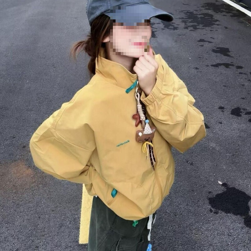 American Retro Yellow Stand Collar Jacket for Women, Autumn New Korean Style Loose Student Versatile Jacket