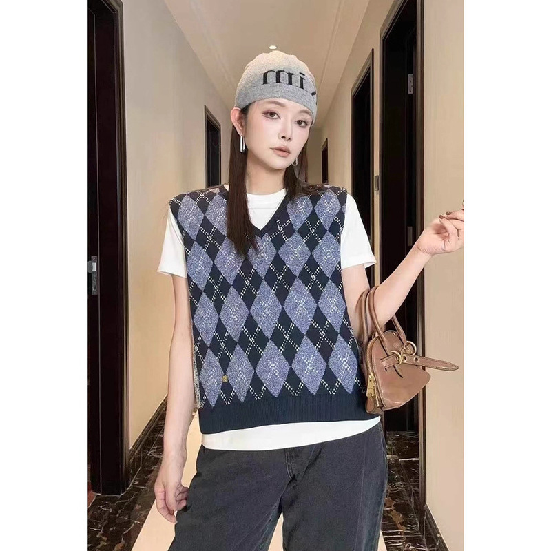 Wenjiu Lazy Style Rhombus Plaid Knitted Vest Navy Blue Sleeveless Vest Top 25 Autum New Style 1024