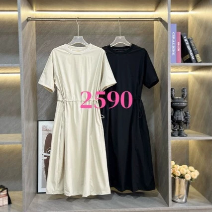 2590 New Two-Color Summer Woven Women's Dress with Waist-Cinching Slimming Workwear Style, Popular Trendy Brand Drawstring Dress