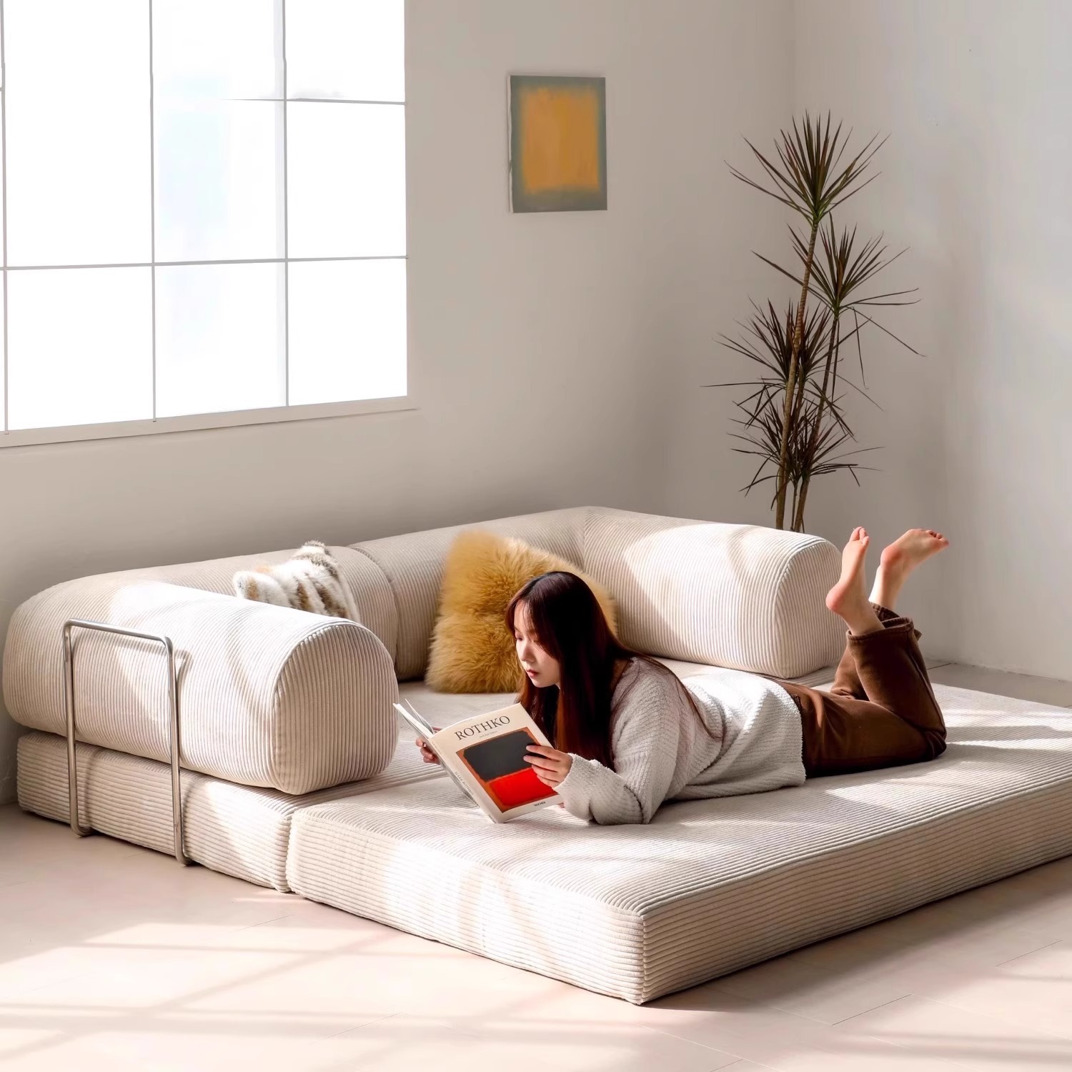 Sofá cama de tela de estilo antiguo francés, apartamento pequeño, sofá de embalaje compresible perezoso de tela de estilo crema