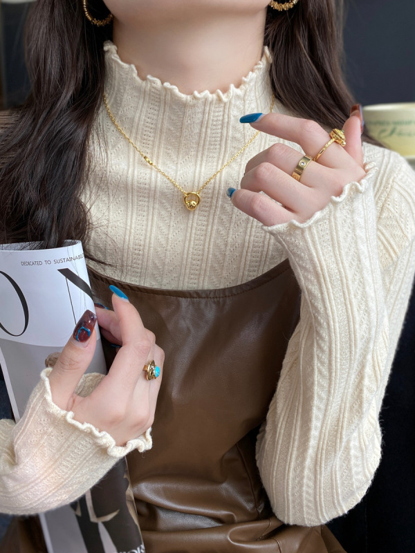 白色加绒打底衫女秋冬季内搭毛衣加厚保暖一体绒木耳边半高领上衣|undefined