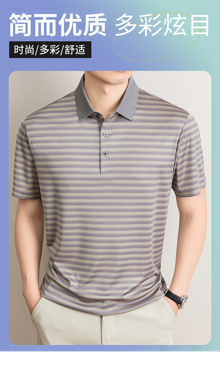 Áo polo nam tay ngắn cổ bẻ sọc kẻ chất liệu tơ tằm mulberry mềm mịn — Vàng tím 8878 chi tiết 1