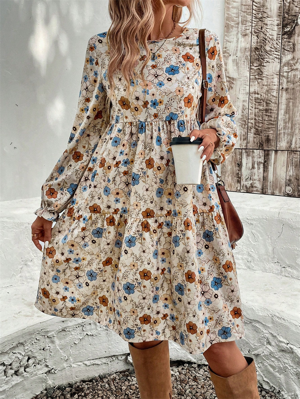 Printed round Neck Lantern Sleeve Frill Loose Casual Dress Autumn 9 Printed round Neck Lantern Sleeve Frill Loose Casual Dress Autumn