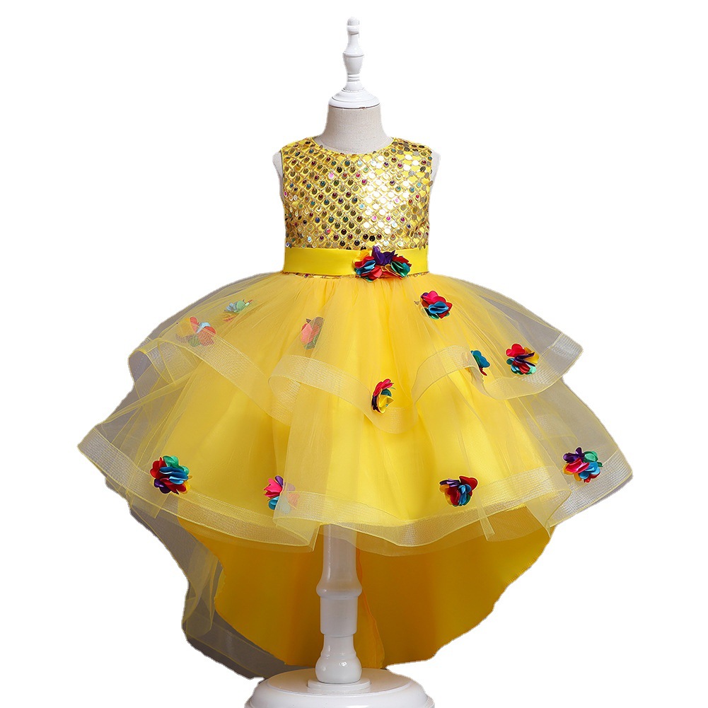 2022 europeos y americanos nuevos niños princesa vestido niñas malla flor chaleco trailing vestido piano rendimiento ropa