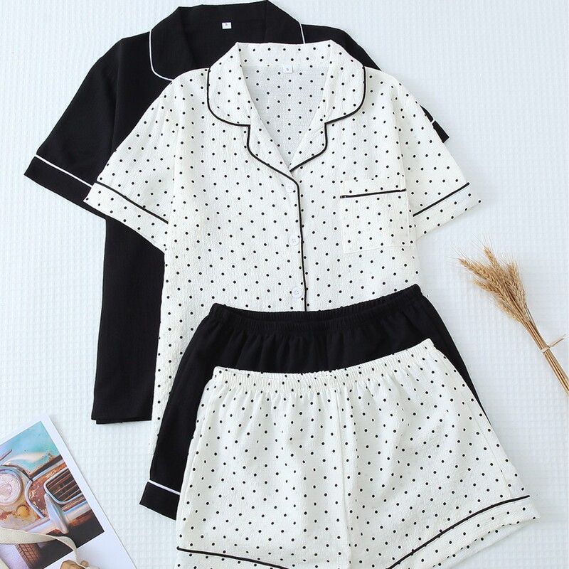 Bubble Wrinkle 2-Piece Set Pure Color Plus Printed Lapel Double Short Combination Pajamas Export Home Wear Tk Best-Selling Model All Year Round