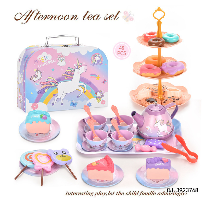 ままごと子供用アフタヌーンティーデザートセットピンク花ブリキケーキ海洋茶器ギフトセット|undefined