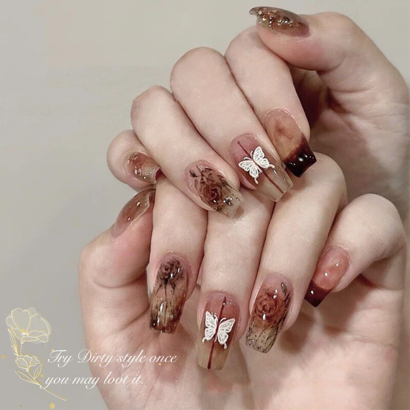 Retro Maillard Rose Butterfly Wearable Nail Warm Brown Long Fake Nail Finished Nail Art Patch Nail Patch