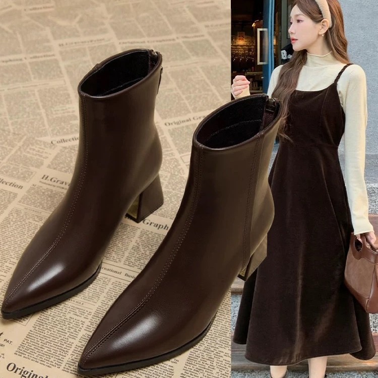 New Winter Boots for Women, Boots, Short Boots for Women, Thick Heels, Daily Genuine Leather Pointed Toe Autumn and Winter Casual Fashion Boots for Women, High Heels