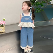 女童夏装牛仔套装2025新款儿童背心吊带阔腿裤三件套宝宝夏季衣服