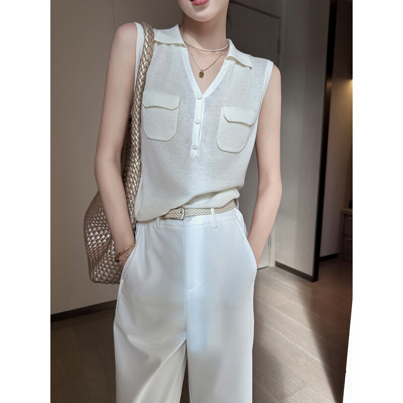 White Vintage Sleeveless Polo Linen Knit Top for Women, Summer 2026 New Simple Fashion High-End Vest