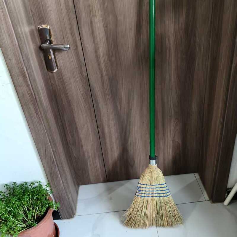 Natural Grass Broom with Green Long Handle and Metal Handle, Durable Cleaning Broom for Home, School, Property, and Sanitation