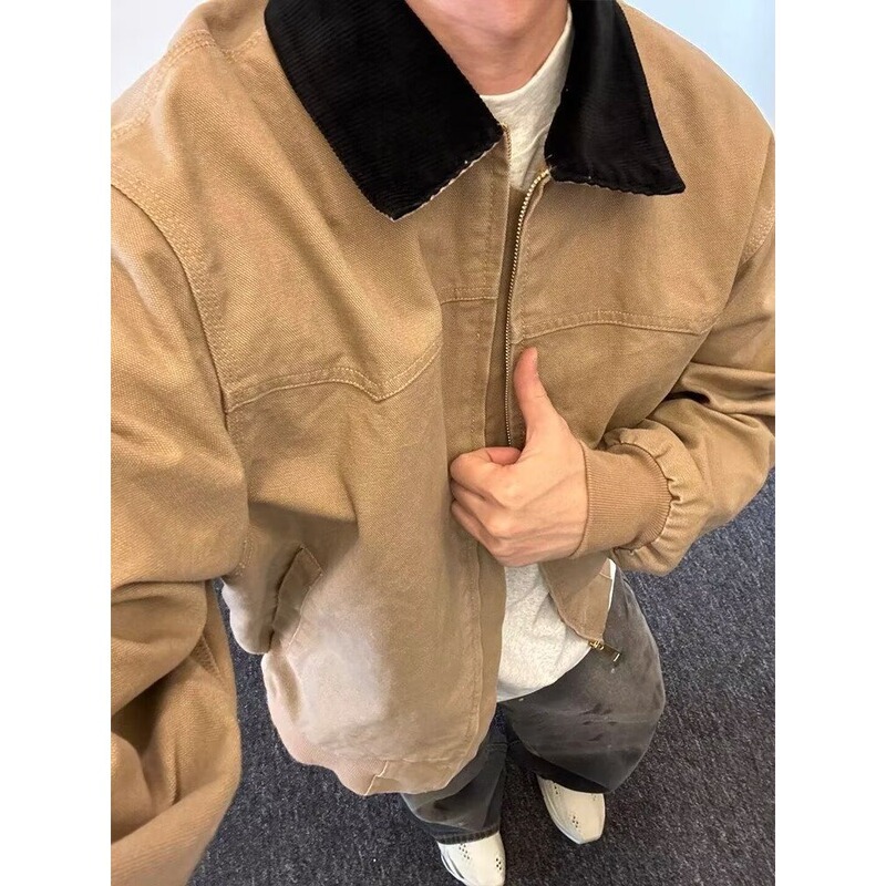American Retro Detroit Workwear Jacket for Men 2025 Spring and Autumn Loose Color-Blocked Turn-Down Collar Casual Santa Fe Coat Trendy