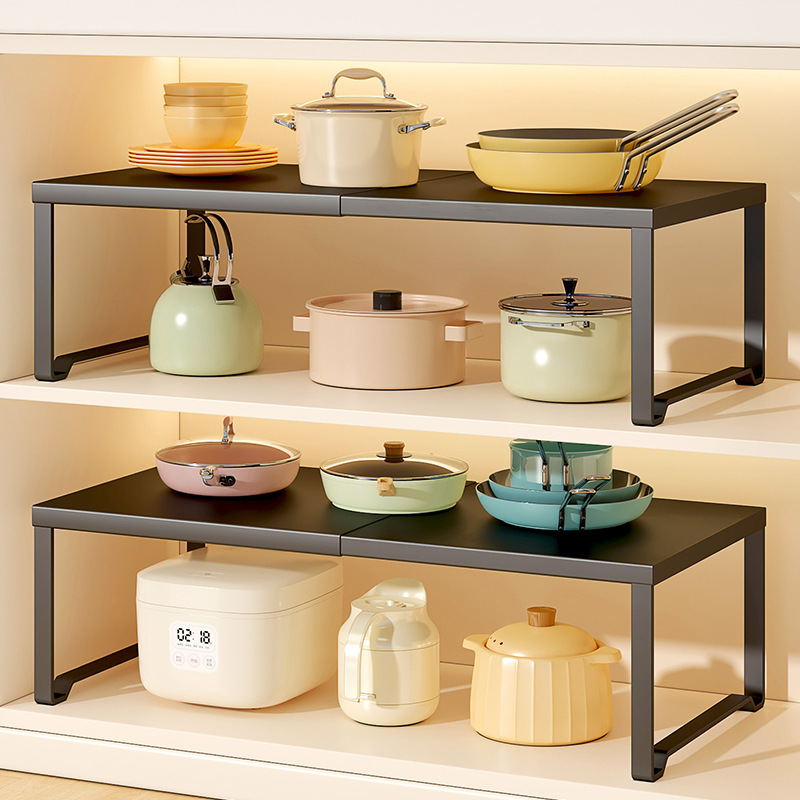 Retractable Kitchen Storage Rack, Cabinet Shelf, Multi-Layer Pot Rack, Spice Bowl and Dish Storage Rack