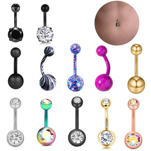 Cross-Border E-Commerce Basic Navel Ring Stainless Steel Vacuum Electroplating Double Diamond Navel Ring Body Piercing Jewelry
