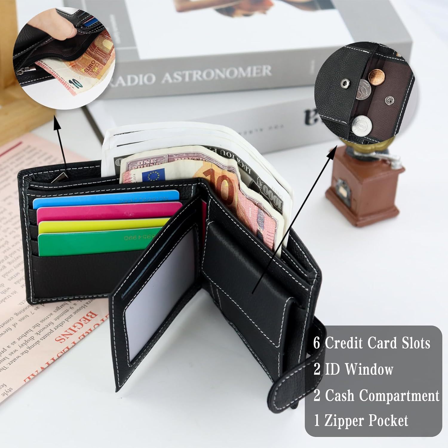 Monedero de piel de vaca de primera capa de Amazon Cartera de cuero con cepillo antirrobo multifuncional para hombre Cartera de negocios corta de gran capacidad