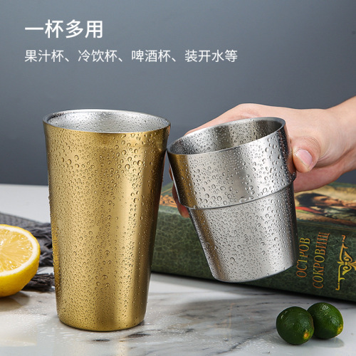 Wholesale 304 Korean beer mug barbecue restaurant tea drink milk cup double-layer cup anti-fall gold cup