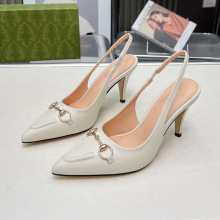 欧美真皮高跟鞋2025新款金属马衔扣尖头坡跟凉鞋后空细跟气质外贸