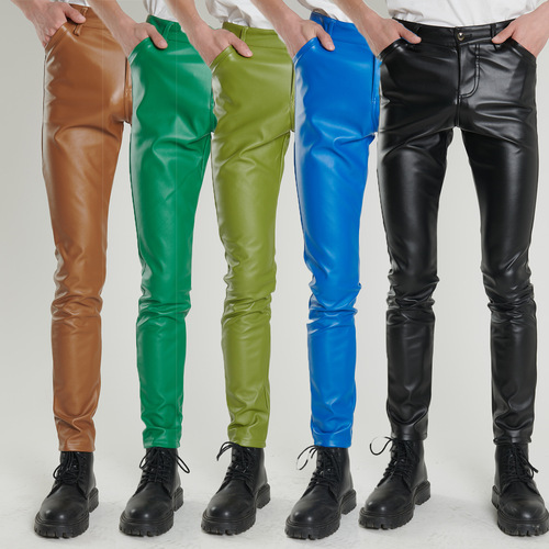 Men's Elastic Fitted Green and Blue Dance Performance Bar Brown Hair Salon Trendy Cool Jeans