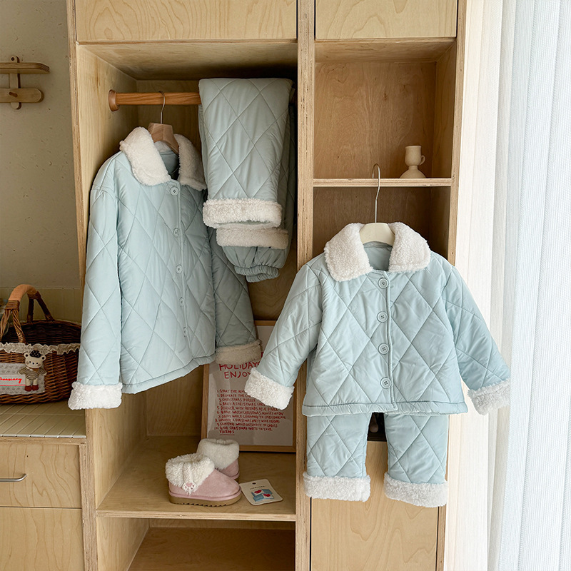 25新款秋冬儿童加绒棉服套装亲子装印夹棉加厚防寒保暖家居服睡衣|undefined