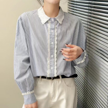 条纹花边长袖衬衫2025日系森女系文艺翻领单排扣显瘦百搭宽松上衣