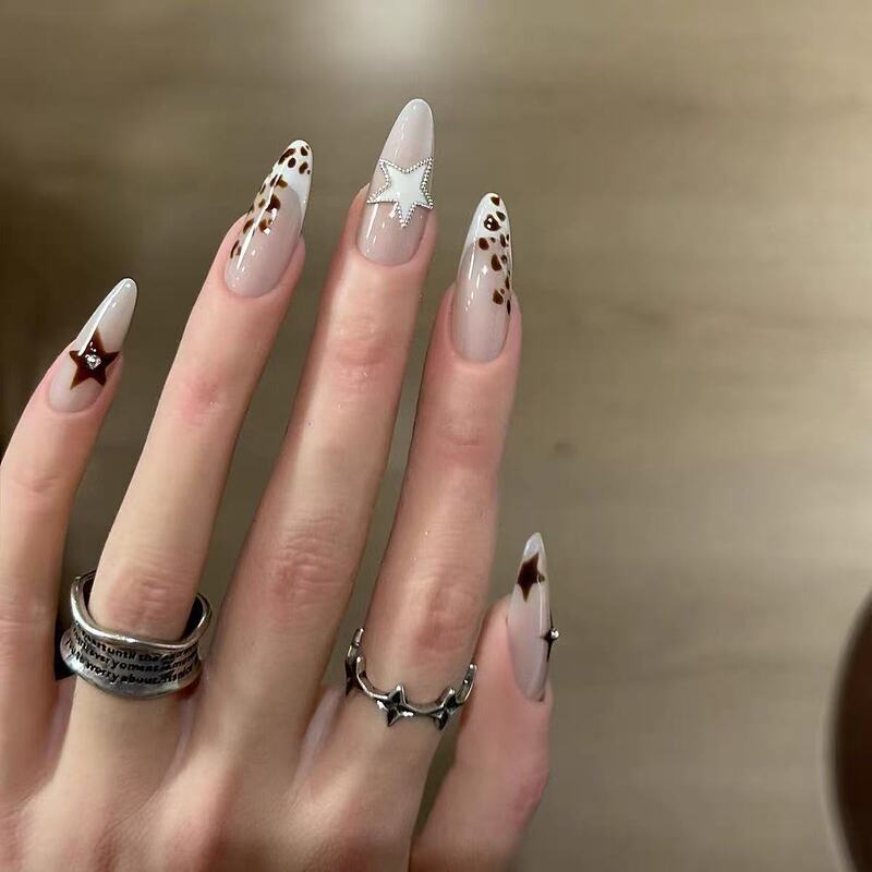 【Milky White Leopard Print】Milky Coffee Gradient French Leopard Print Five-Pointed Star Manicure, Medium-Long Length, Brightening, Purely Handmade Wearable Nails 【Milky White Leopard Print】Milky Coffee Gradient French Leopard Print Five-Pointed Star Manicure, Medium-Long Length, Brightening, Purely Handmade Wearable Nails