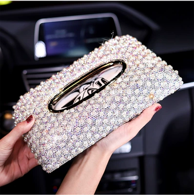 Diamond-studded pearl car napkin holder, car accessories tissue box cover, cute Korean-style car tissue box for women, seat-mounted (Car tissue box/set) - pearl-tissue-box-white