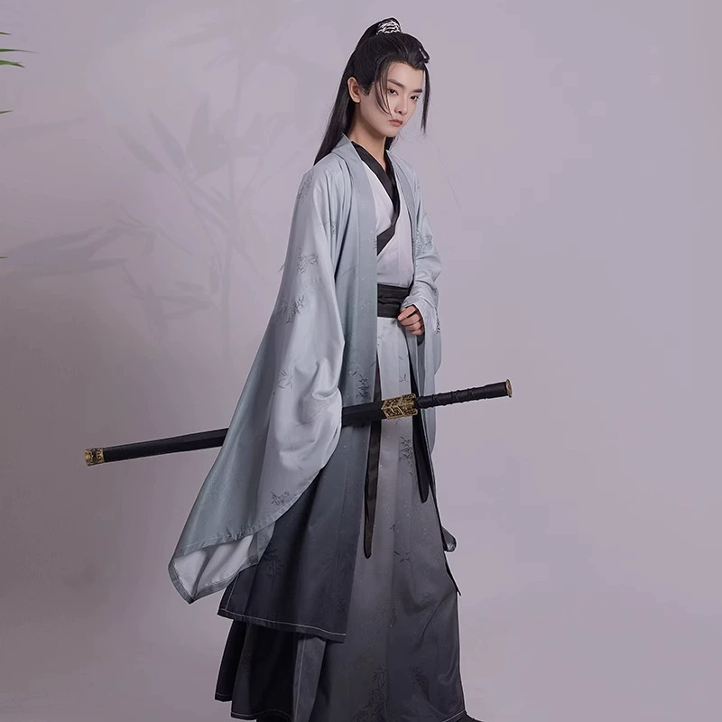 Оригинальный мужской костюм Hanfu [бамбук Инь] с перекрестным воротником на талии в стиле Вэй Цзинь, рубашка с большими рукавами, униформа для выступлений с принтом для студенческого класса