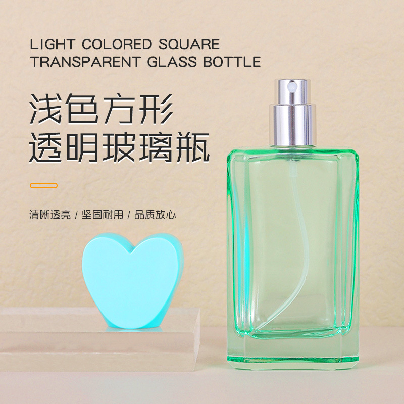 现货供应50ML浅色方形透明玻璃瓶爱心瓶盖化妆水喷雾瓶香水分装瓶