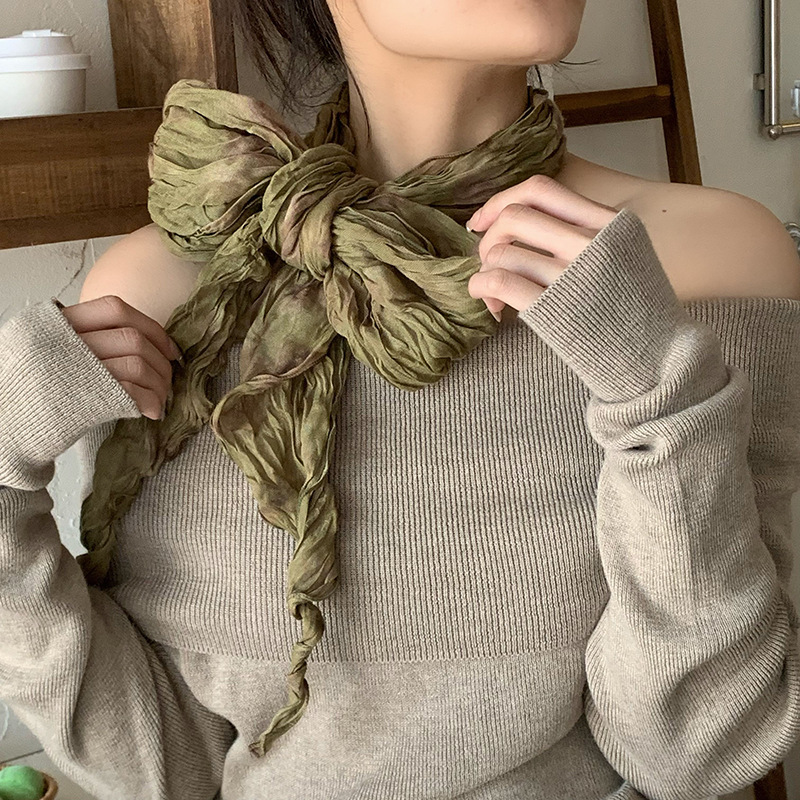 Bufanda de seda para mujer, lujo ligero, sentido de alta gama, arte japonés, color sólido, bufanda de seda plisada, bufanda de todo fósforo, bufanda de cuello