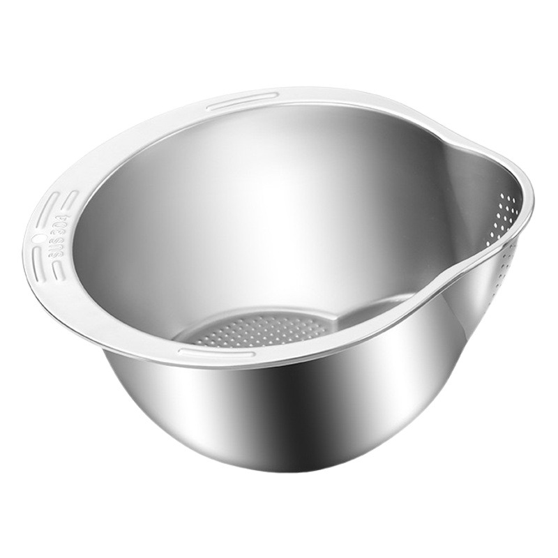 Thickened 304 stainless steel rice washing basin rice washing sieve household kitchen draining basin vegetable washing basin fruit and vegetable basket rice washing artifact