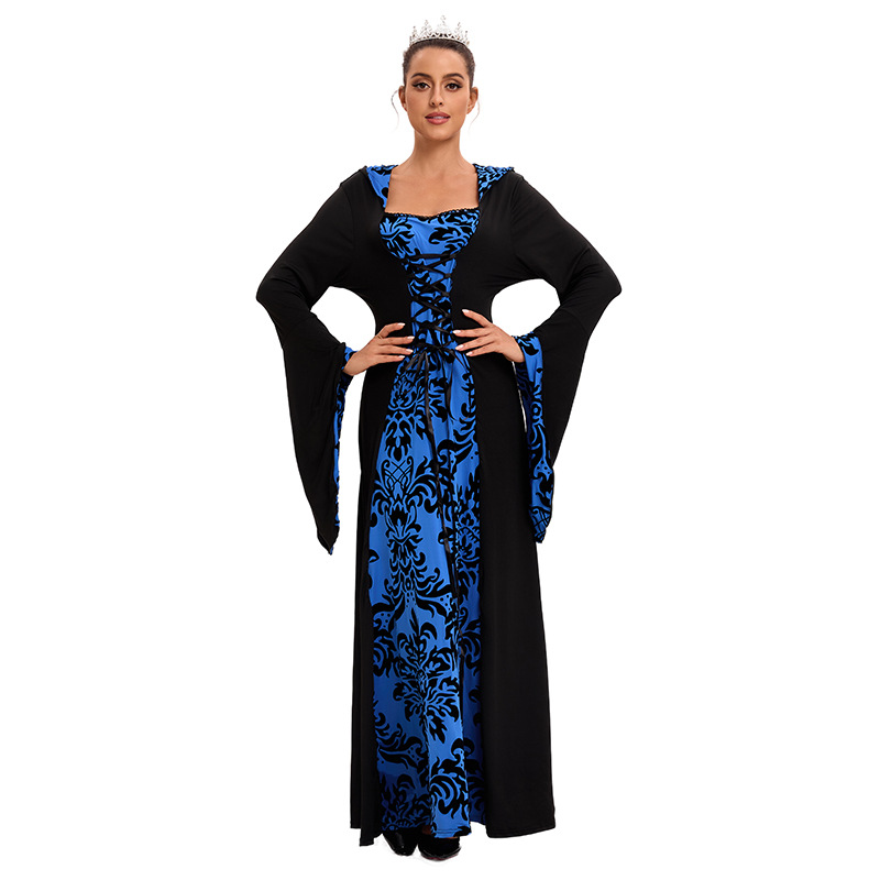 Las mujeres europeas y americanas populares cena medieval con capucha gran swing vestido impreso retro artístico de manga larga con cordones de cintura