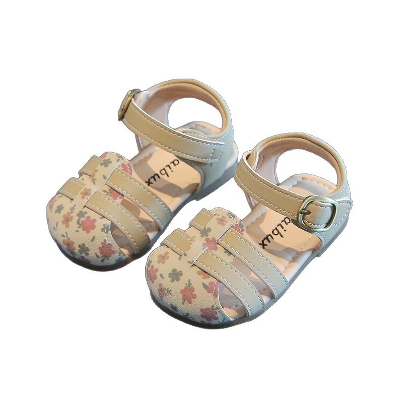 Sandales à bout fermé pour bébés filles, imprimé floral - Chaussures d'été à semelle souple avec embout anti-collision, rose, kaki et marron_voghion.com