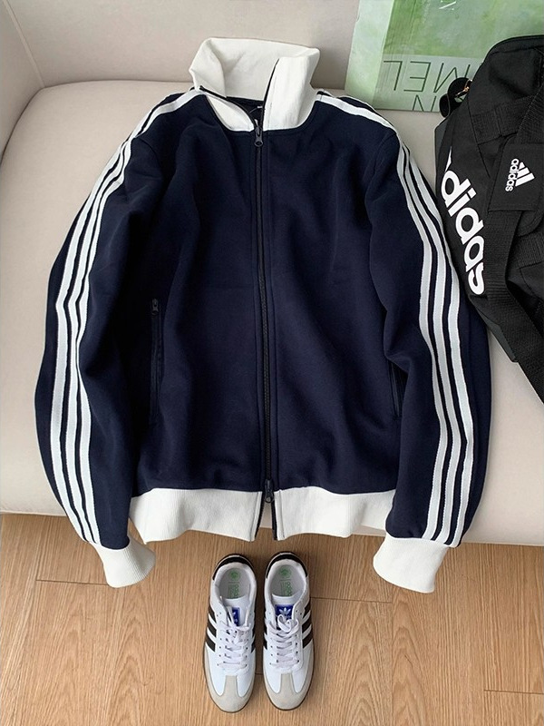 藏青色三条杠开衫卫衣男秋季短款条纹运动外套美式立领棒球服夹克|undefined
