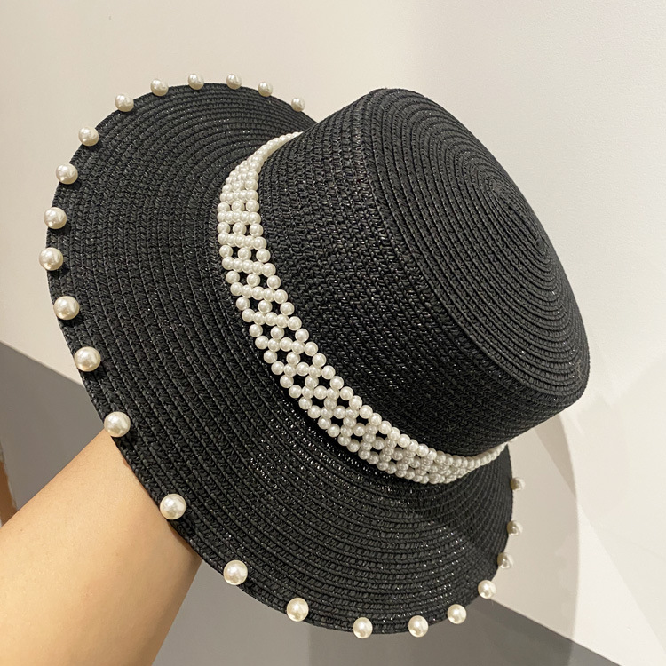 Summer Retro Large Brim Sunscreen Pearl Straw Hat display picture 6