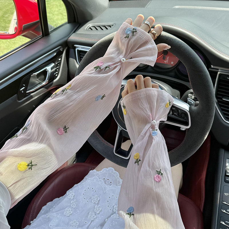 Mangas de hielo, mangas de protección solar, nuevas flores bordadas, mangas acampanadas sueltas, hebilla de perlas, mangas de hielo, mangas de seda de hielo, mangas de seda de hielo, mujeres