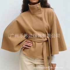 外贸女装冬亚马逊独立站时尚纯色斗篷立领单排扣腰带风衣呢子外套