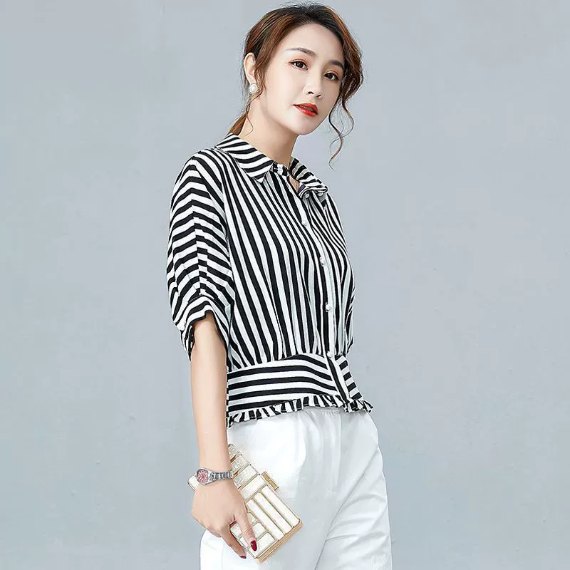 Рубашка в полоску Женская рубашка с коротким рукавом 2023 новый летний темперамент рубашка тонкий дизайн чувство французский шифоновый топ для волос