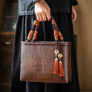 Vintage Chinese Style Bamboo Woven Bag Tea Ceremony Tea Set Storage Bag Artistic Style Handbag Japanese Style Handmade Woven Bag Bamboo Basket Bag