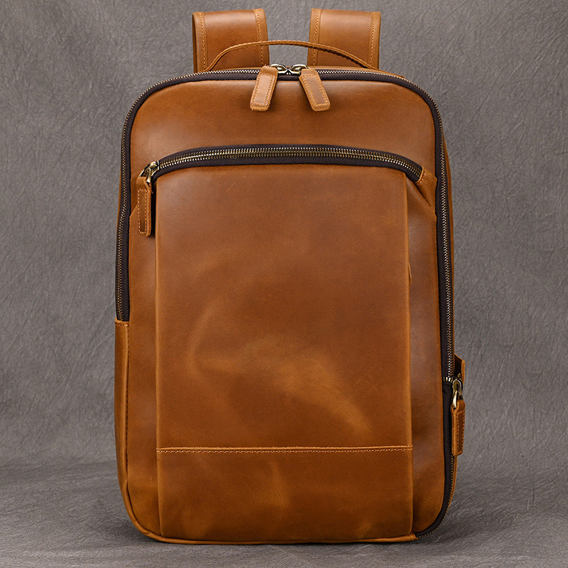 Vintage Crazy Horse Leather Backpack Genuine Leather European and American Men's Large Capacity Outdoor Travel Computer Bag Double Zipper Backpack