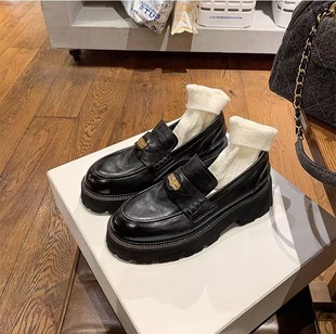 Cowhide version ~ Su Yinyin with round small gold coin thick bottom increased lazy person a pedal Lefu shoes women's small leather shoes