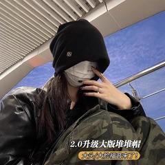 B字母小标保暖堆堆帽女秋冬百搭大头围冷帽显脸小套头包头帽子