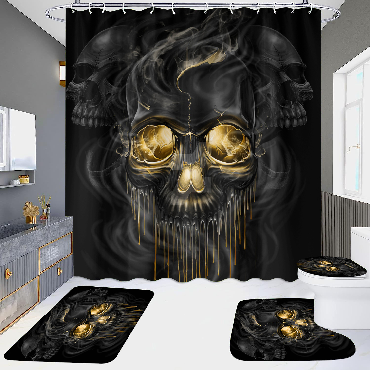 Cortina de ducha de suministro directo transfronterizo conjunto de cuatro piezas hd impermeable sin perforaciones baño hotel baño partición cortina wansheng cráneo