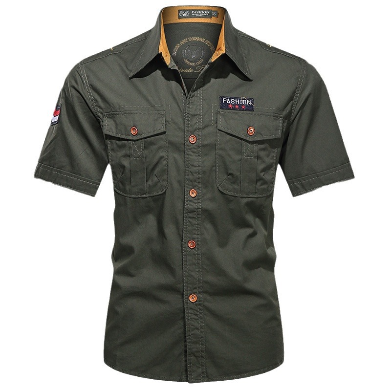 Camisas de mangas cortas de hombre de verano nuevos productos de algodón de mediana edad relajados casuales de color sólido cuello vertical multi-bolsillo chaqueta funcional para hombre