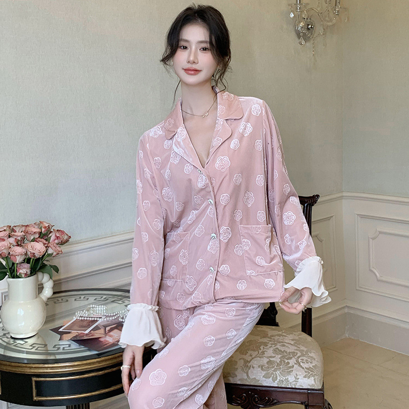 法式睡衣套装新品丝绒衬衫睡衣女长袖喇叭袖薄绒宽松可外穿家居服|undefined