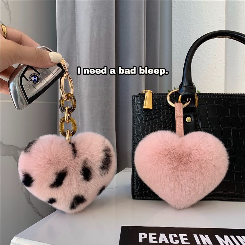 Rabbit Fur Heart-Shaped Keychain Plush Pendant Cute Bag Car Decoration Heart-Shaped Charm