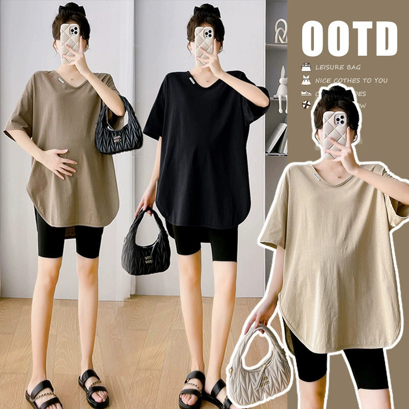 Summer clothing for pregnant, T-shirt, summer body-friendly set, with short sleeve, V-neckline, for teenagers, Korean style