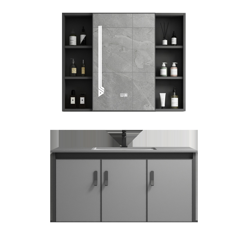 Simple moderno espacio de aluminio gabinete de baño montado en la pared del lavabo gabinete combinación piscina hogar blanco cerámica roca placa cuenca integrada